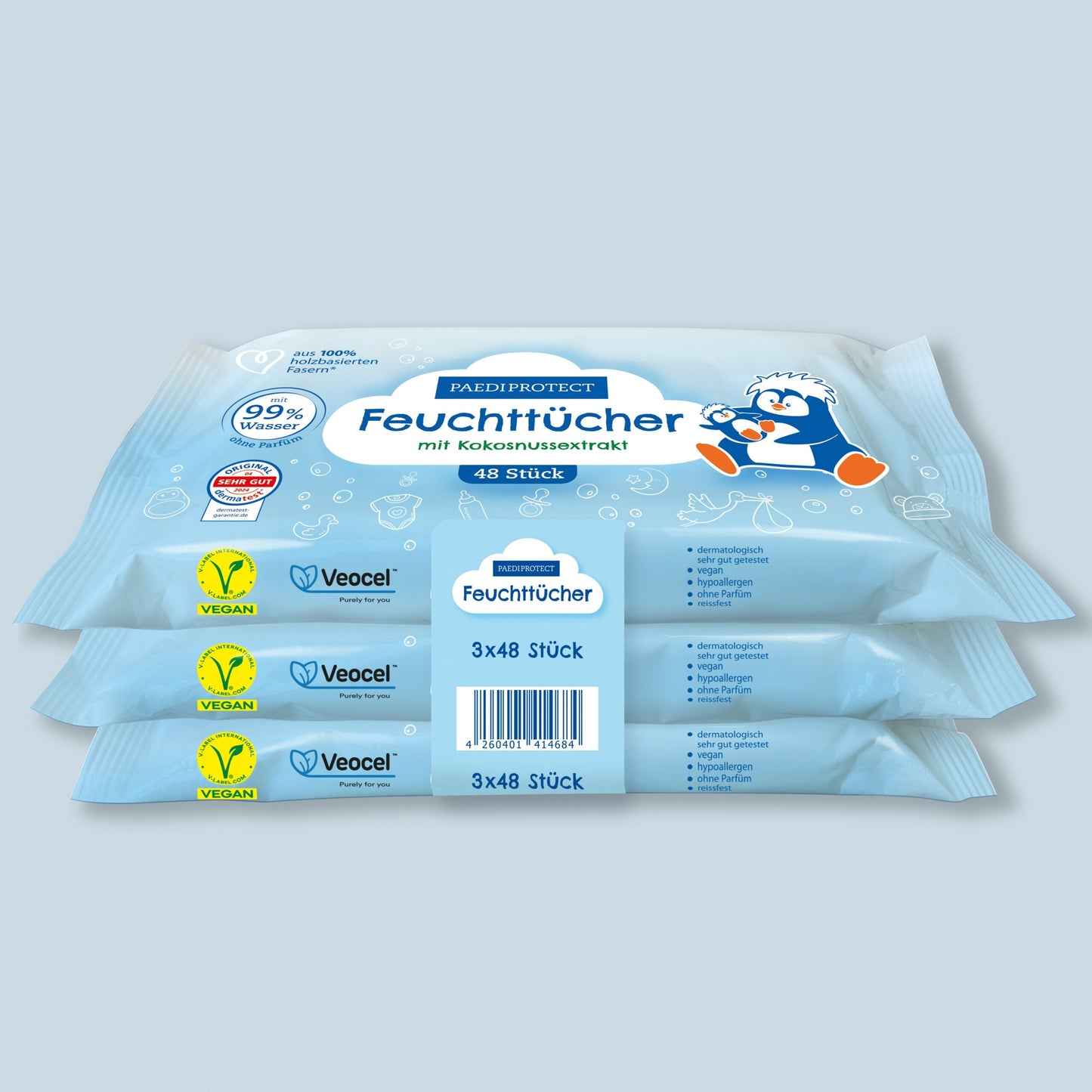 PAEDIPROTECT Feuchttücher mit Kokosnussextrakt 3x48 Stück