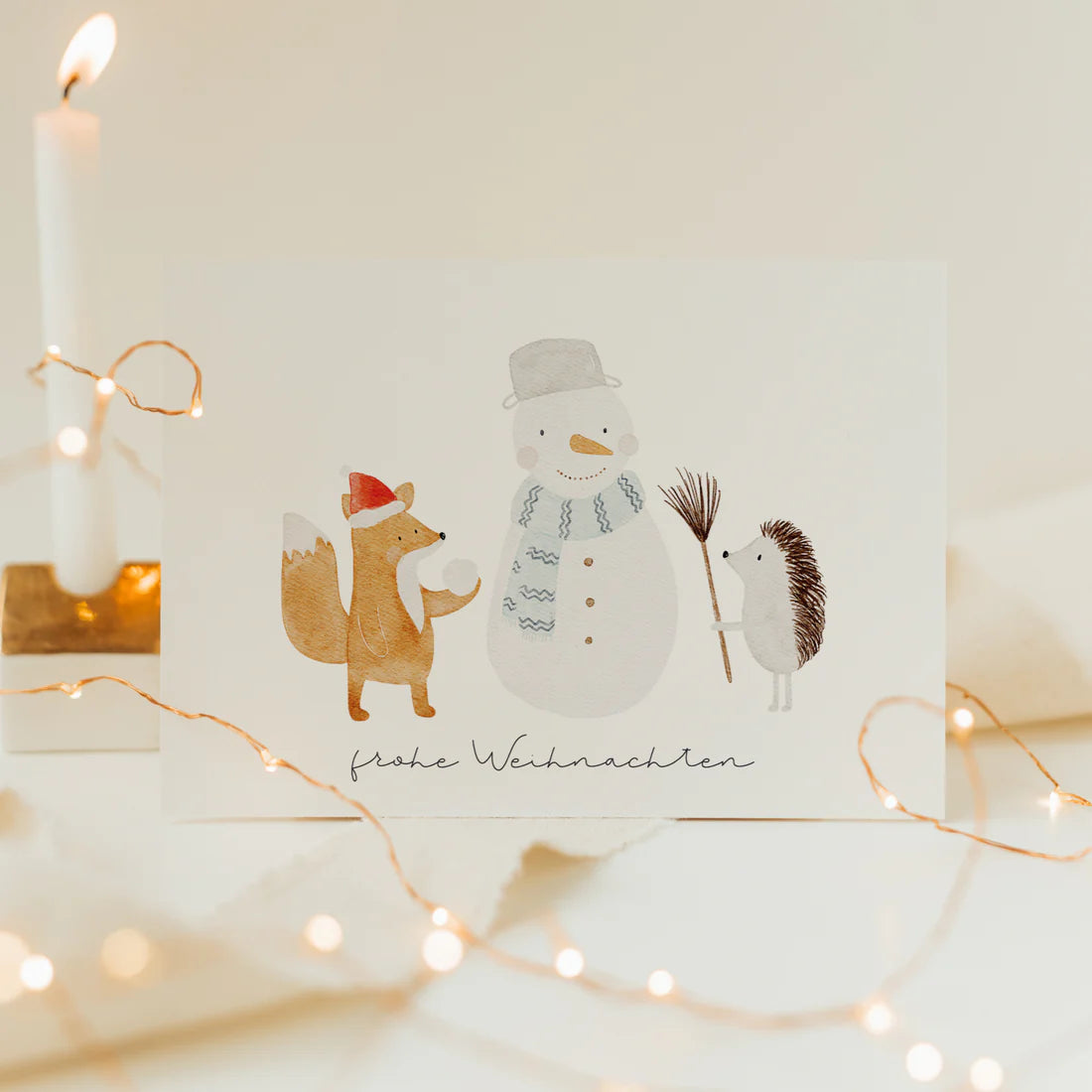 Hej Hanni Weihnachtskarte Schneemann, Fuchs & Igel